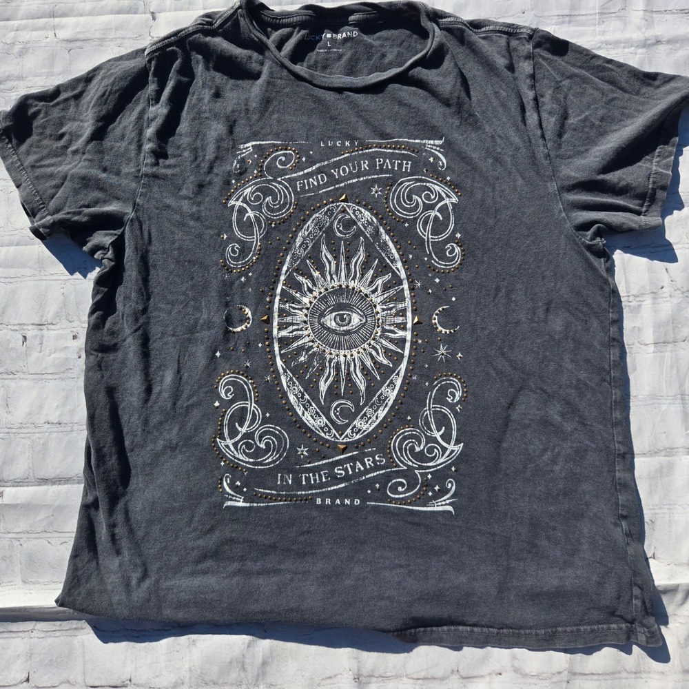 Lucky Brand celestial evil eye Studded Graphic Tee Large mystic spiritual witch